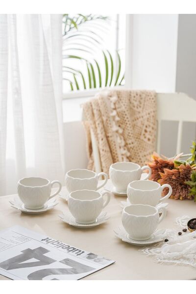 ALBETTO Porcelain Pearl Patterned Embossed Coffee Cup Set for 6 People