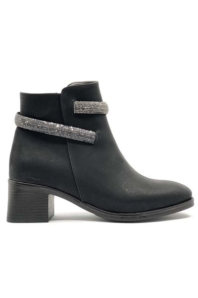 Kids Club Shoes Ασιατικές γυναικείες μπότες με πέτρα με ρίγες αστραγάλου με κοντό τακούνι ΜΑΥΡΟ