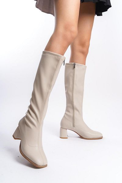 Bak Store Beige Stretch Blunt Toe Heeled Women's Boots