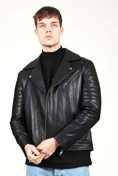 Dericlub سترة تورنتو للرجال من الجلد الطبيعي باللون الأسود - راكب الدراجة الن...