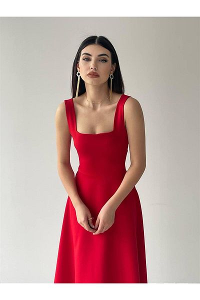 conconmoda Rochie midi Colliope cu guler pătrat -00037 - Roșu