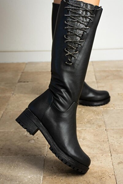 ShoeTek حذاء لورينزو نسائي بسحاب وربطة جانبية من الجلد الأسود