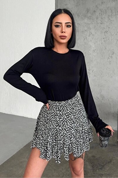 Epilons Άνετο και κομψό μακρυμάνικο μπλουζάκι με λαιμόκοψη ελαστικό ύφασμα από βισκόζη χτενισμένο βαμβάκι μαύρο