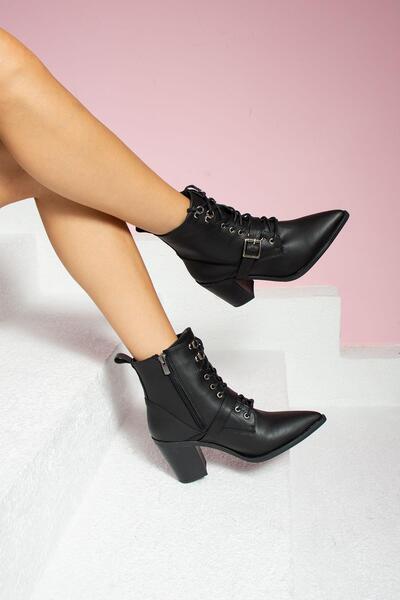 ShoeTek Dasha Kadın Bot&Bootie Tokalı Bağcıklı Siyah Deri