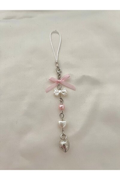 bohemian takı tasarim Pembe Fiyonklu Çilekli Coquette Telefon Charmı