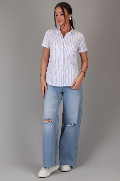 SWEETNESS Cămașă clasică din bumbac lycra cu mânecă scurtă cu dungi albastre DK001-1