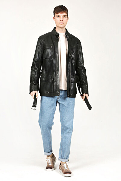 Dericlub Men's Stand Collar Belted Pearl Leather Trench Coat Green