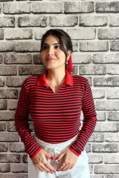 İpli Standard Size Red Thin Striped Polo Collar Women's Sweater