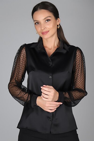 SWEETNESS Női fekete szatén tüll ujjú estélyi ing