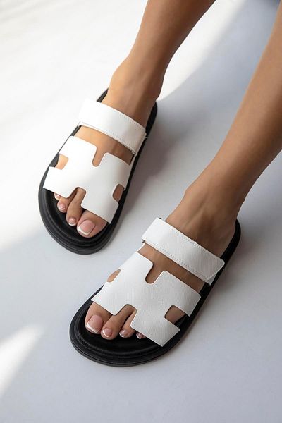STRASWANS Papuci de piele albă pentru femei Farmer - Imprimare cu velcro
