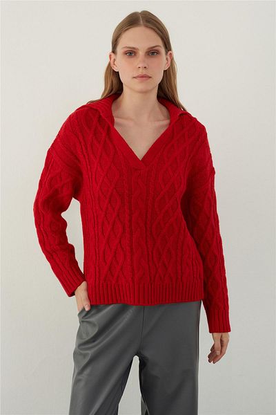 SHERIN Pulover tricot împletit cu gât polo roșu