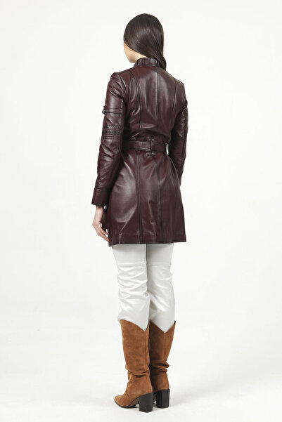 Dericlub Atina Kadın Düğmeli Hakiki Deri Trençkot Bordo