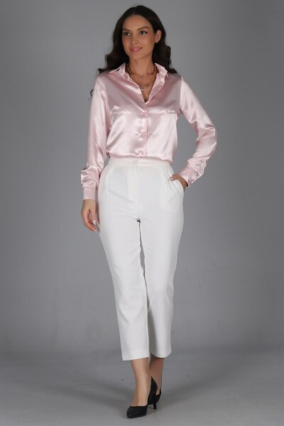 SWEETNESS Women's Powder Pink Satin Long Sleeve Evening Dress Shirt