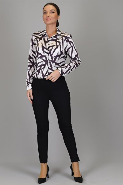 SWEETNESS Women's Ecru Black Patterned Lycra Satin Long Sleeve Evening Dress Shirt Dk 1003