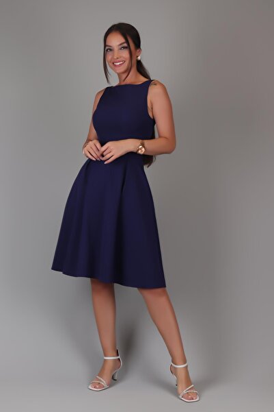 SWEETNESS Navy Blue Midi Women's Dress - Pleated and Pocket Detailed
