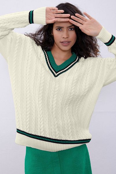 SHERIN Ecru College Model V-Neck Knitted Patterned Knitwear Sweater