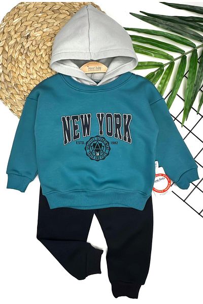 Murat Baby Set de sus și de jos cu glugă cu imprimeu New York pentru băiat