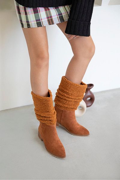 STRASWANS Sand Γυναικεία Γούνα Λεπτομέρεια Suede Boots Καφέ