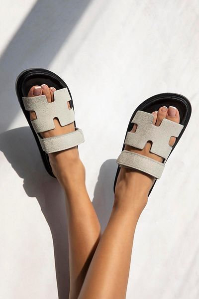 STRASWANS Papuci de damă din piele intoarsa gri Palmeira - cu banda Velcro