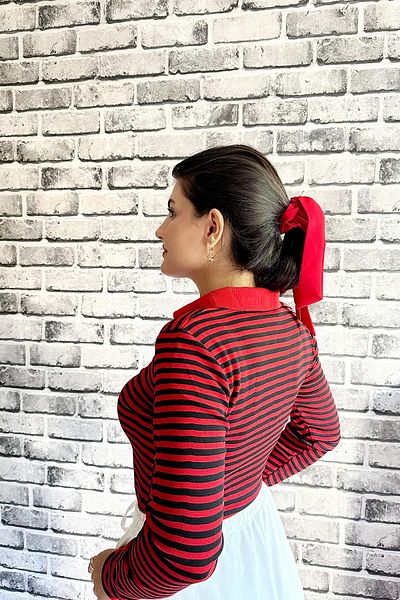 İpli Standard Size Red Thin Striped Polo Collar Women's Sweater