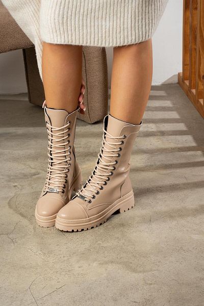 ShoeTek Lirio Γυναικείες Μπότες & Μποτάκια Lace Up Boots Μπεζ γυαλιστερό δέρμα