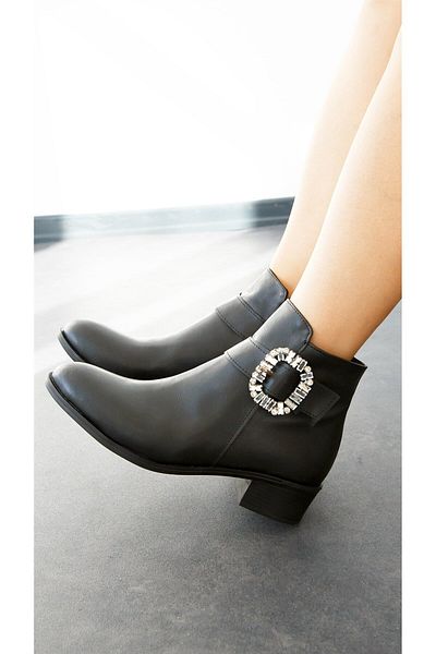 ShoeTek Ghete de damă Kasandra cu cataramă și pietre din piele neagră