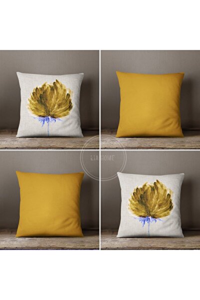 Lia Store Çiçek Desenli Hardal Renk Çift Taraflı Dekoratif 4'lü Kombin Kırlen...