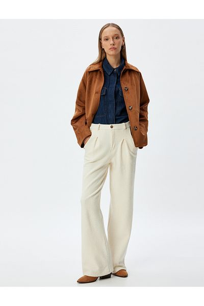 Koton Tweed Trousers Wide Leg High Waist Pleated Buttoned Pocket Detail