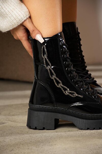 ShoeTek Lieke Kadın Bot Yandan Taşlı Fermuarlı Postal Siyah Rugan