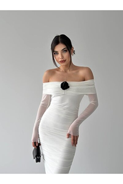 conconmoda Star Siyah Strsplez Drapeli Gül Detay Elbise