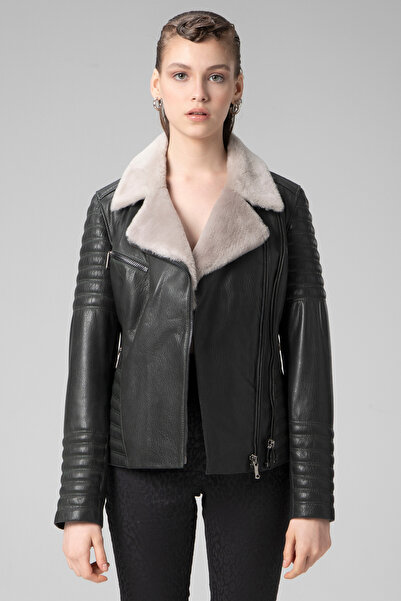 Dericlub Artemis Kadın Jumbo Yaka Kürklü Hakiki Deri Mont Yeşil