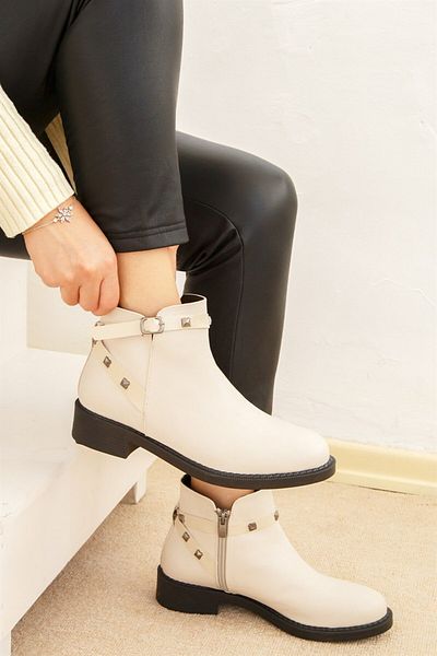 ShoeTek Noelia Women's Boots Zippered Beige Leather