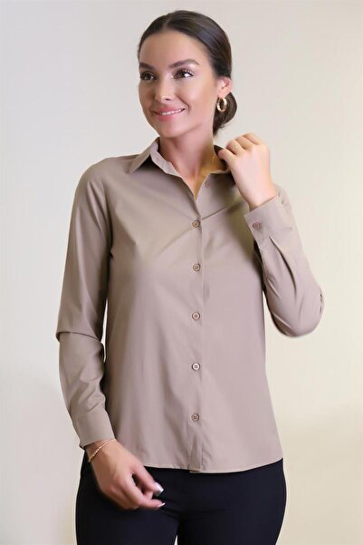 SWEETNESS Γυναικείο Μπεζ Λύκρα Μακρυμάνικο Βαμβακερό Κλασικό Πουκάμισο