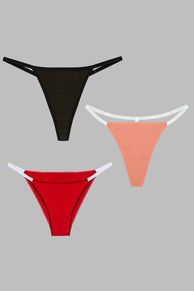 Yohannes Club Women's 3-Piece String Set - Brazilian, T-Thong and Thong, Red, Salmon, Black