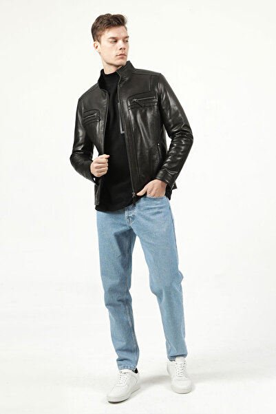 Dericlub Orlando Erkek Jumbo Slimfit Gerçek Deri Mont Siyah