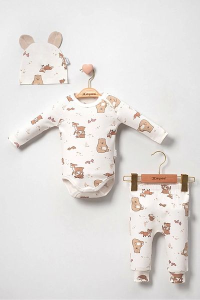 Babydonat طقم مكون من 3 قطع للأطفال الأولاد - 100% قطن، نمط كاراكا وقبعة