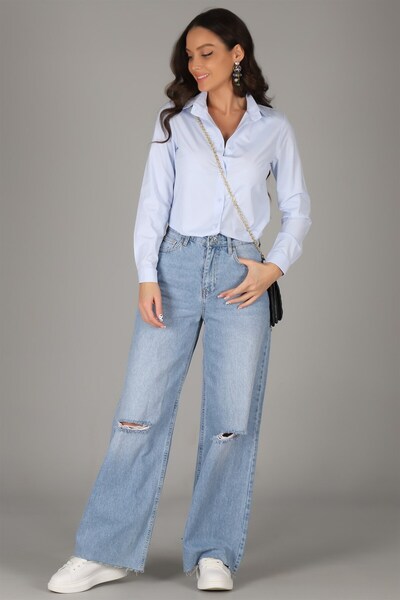 SWEETNESS Γυναικείο κλασικό πουκάμισο με μακρυμάνικο βαμβακερό μπλε Lycra