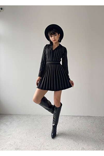 conconmoda Alya Mini Çizgili Pileli Elbise