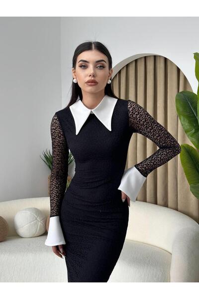 conconmoda Dantel Tasarım Yakalı Uzun Elbise