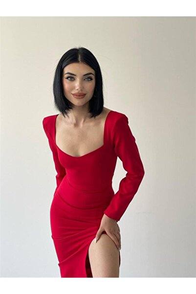 conconmoda Clara Kalp Yaka Uzun Kol Midi Boy Elbise - Kırmızı