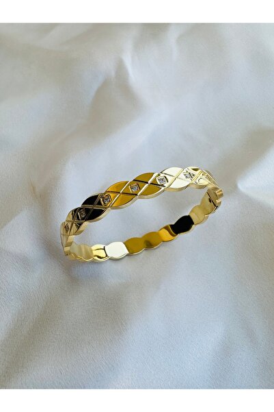 bioaksesuar Kadın Gold Renk 316L Çelik Baklava Desen Taşlı Kelepçe Bilezik