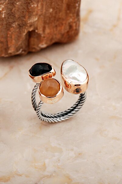 Sümer Telkari Üç Başlı İnci, Topaz ve Sitrin Taşlı El Sarması Gümüş Yüzük 5827