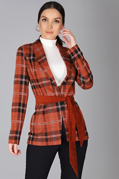 SWEETNESS Women's Tile Belt Detailed Plaid Jacket
