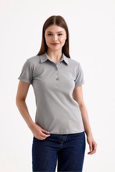 SWEETNESS Gray Cotton Short Sleeve Women's T-Shirt - Shirt Collar