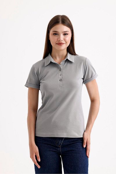 SWEETNESS Gray Cotton Short Sleeve Women's T-Shirt - Shirt Collar