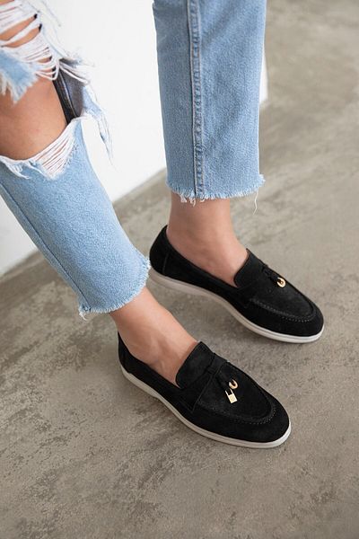 STRASWANS Days Women's Genuine Leather Suede Loafer Shoes Black