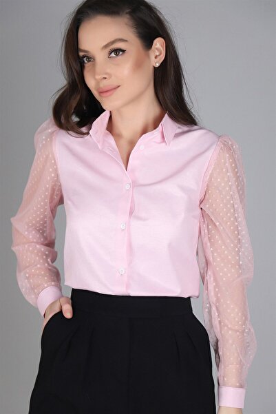 SWEETNESS Γυναικείο μακρυμάνικο πουκάμισο σε σκόνη ροζ τούλι