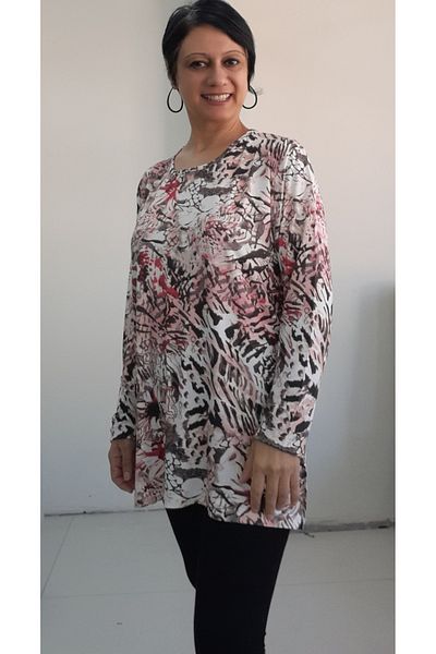Mertcan Butik Black Red Ecru Patterned Long-Sleeved Combed Cotton Viscose T-Shirt