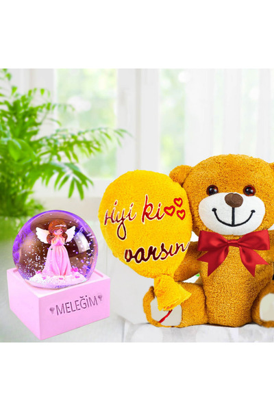 rk tasarım İyi Ki Varsın Balonlu Peluş Ayıcık & MELEĞİM Kar Küresi