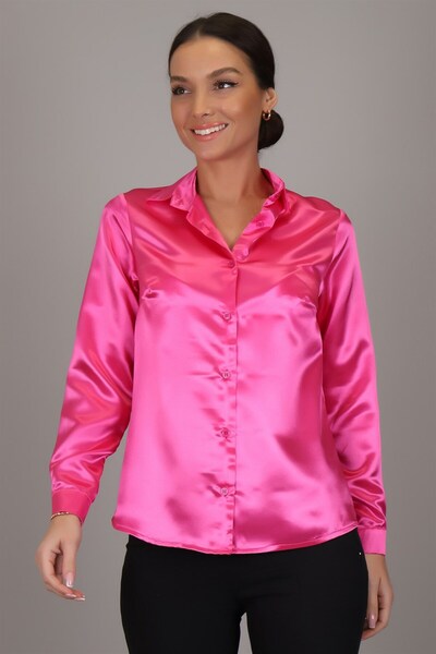 SWEETNESS Women's Fuchsia Satin Long Sleeve Evening Dress Shirt